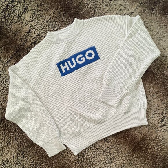 HUGO Women's Big Blue Logo White Cotton Pullover Sweater Size: L